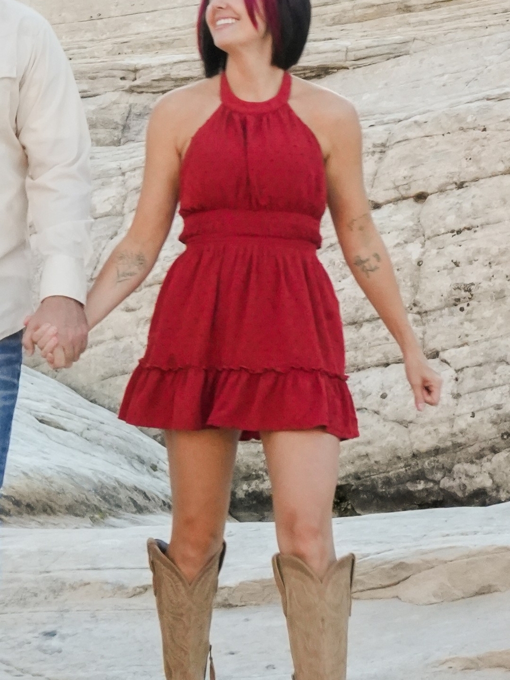 Red Halter Mini Dress with Ruffled Hem - Women's